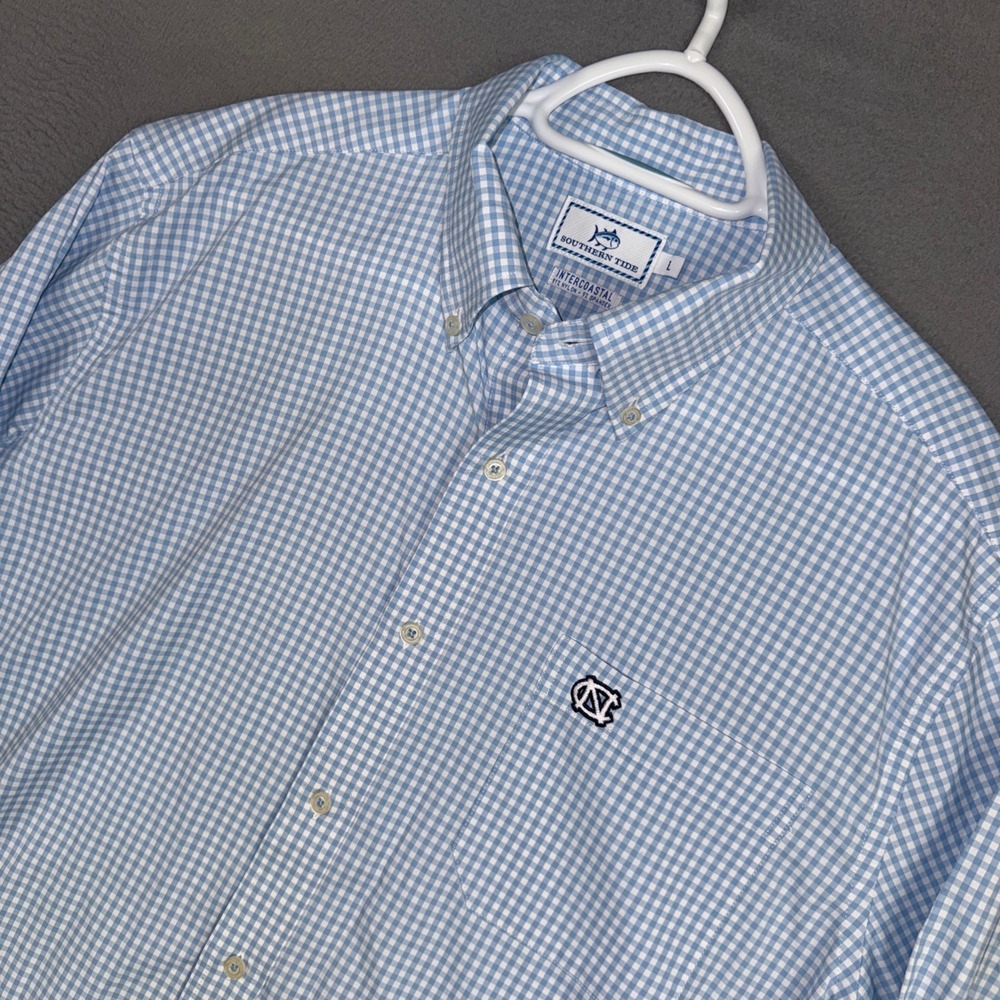 Southern Tide Shirt Mens Large Blue Gingham Intercoastal UNC Tar Heels Nylon